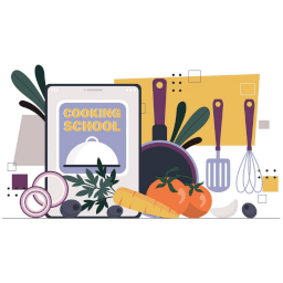 Guide de recette, ustensiles et aliments dans une cuisine